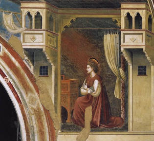 Cette fresque emblématique de Giotto à la Chapelle des Scrovegni capture le moment sacré de l'Annonciation. La Vierge Marie reçoit le message de l'ange Gabriel avec une expression de douceur et de surprise, symbolisant l'acceptation divine et la pureté. L