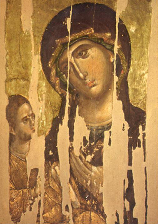 Vierge Hodegetria, XVe siècle, Icône byzantine. Représentation classique de Marie tenant l'Enfant Jésus, symbolisant sa guidance spirituelle.