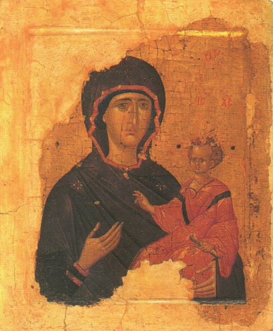 début du xve siècle. Typique de l'art byzantin, cette icône montre Marie indiquant le Christ Enfant comme la source du salut, symbolisant sa fonction de guide spirituel.