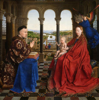 Cette peinture de Jan van Eyck représente la Vierge Marie tenant l'Enfant Jésus, entourée de lumière divine, tandis que le chancelier Rolin est en prière devant elle. La scène se déroule dans un jardin clos, symbolisant la pureté et la singularité de Mari